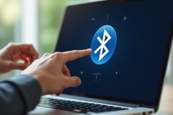 activation-bluetooth-laptop Main activant Bluetooth sur un ordinateur portable moderne