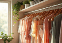 Armoire moderne organisée avec des robes par couleur dans une pièce lumineuse