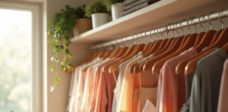 Armoire moderne organisée avec des robes par couleur dans une pièce lumineuse