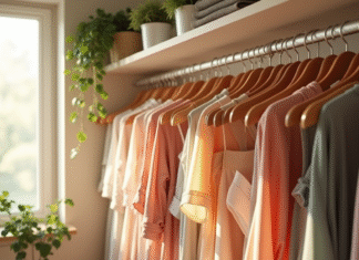 Armoire moderne organisée avec des robes par couleur dans une pièce lumineuse