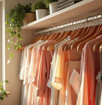 Armoire moderne organisée avec des robes par couleur dans une pièce lumineuse