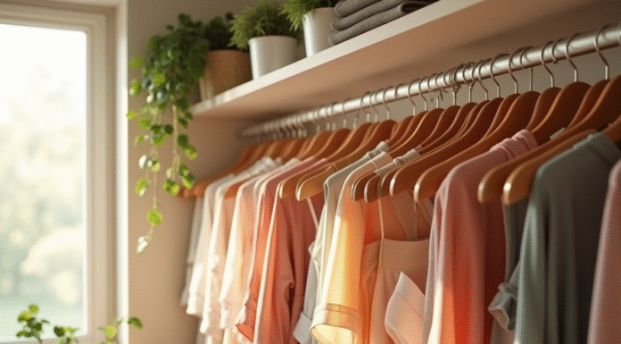 Armoire moderne organisée avec des robes par couleur dans une pièce lumineuse