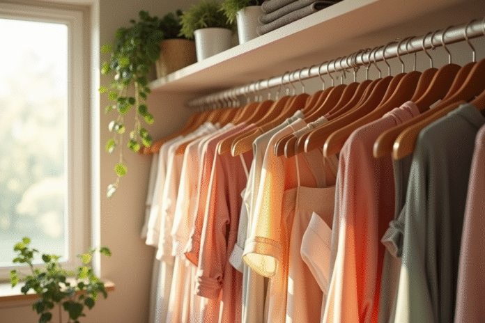 Armoire moderne organisée avec des robes par couleur dans une pièce lumineuse