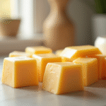 Assortiment de fromages emballes dans un contenant en cuisine lumineuse
