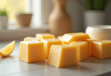 Assortiment de fromages emballes dans un contenant en cuisine lumineuse