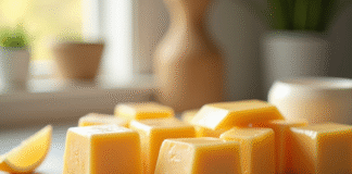 Assortiment de fromages emballes dans un contenant en cuisine lumineuse