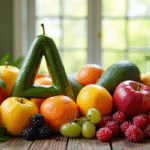 Assortiment de fruits frais commençant par A sur une table en bois
