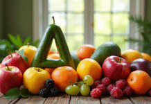 Assortiment de fruits frais commençant par A sur une table en bois