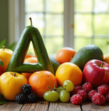 Assortiment de fruits frais commençant par A sur une table en bois