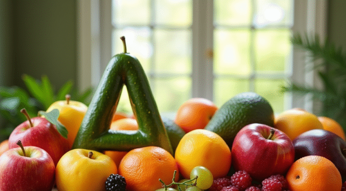Assortiment de fruits frais commençant par A sur une table en bois