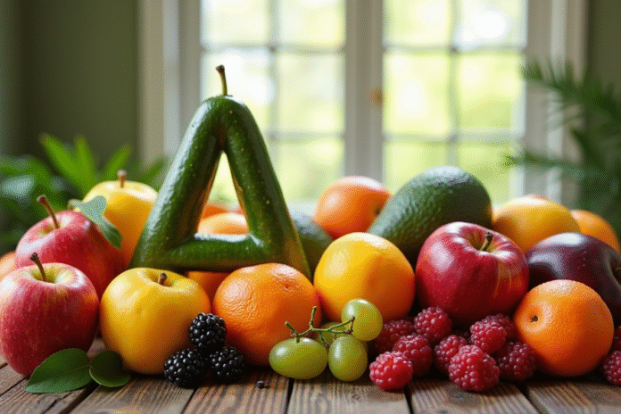 assortiment-fruits-a Assortiment de fruits frais commençant par A sur une table en bois