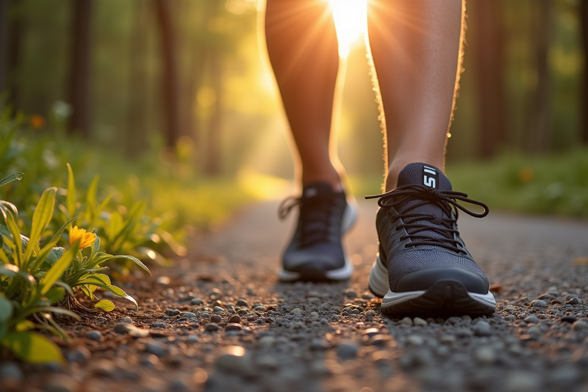 Baskets sur un sentier nature avec smartphone affichant un compteur de pas