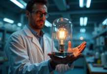 Scientifique montrant une cage de feraday avec une ampoule allumee