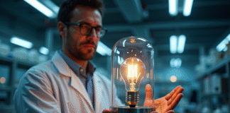 Scientifique montrant une cage de feraday avec une ampoule allumee