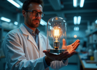 Scientifique montrant une cage de feraday avec une ampoule allumee