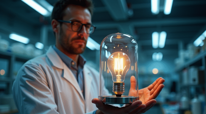 L’incroyable pouvoir de la cage de Faraday et son impact sur notre vie Scientifique montrant une cage de feraday avec une ampoule allumee