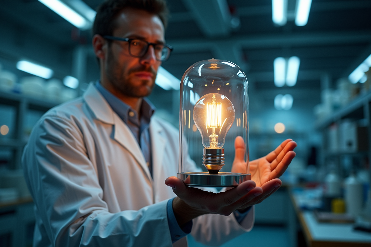 Scientifique montrant une cage de feraday avec une ampoule allumee