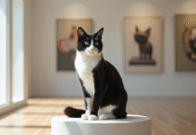 Chat noir et blanc sur socle dans une galerie d'art