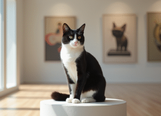 Chat noir et blanc sur socle dans une galerie d'art