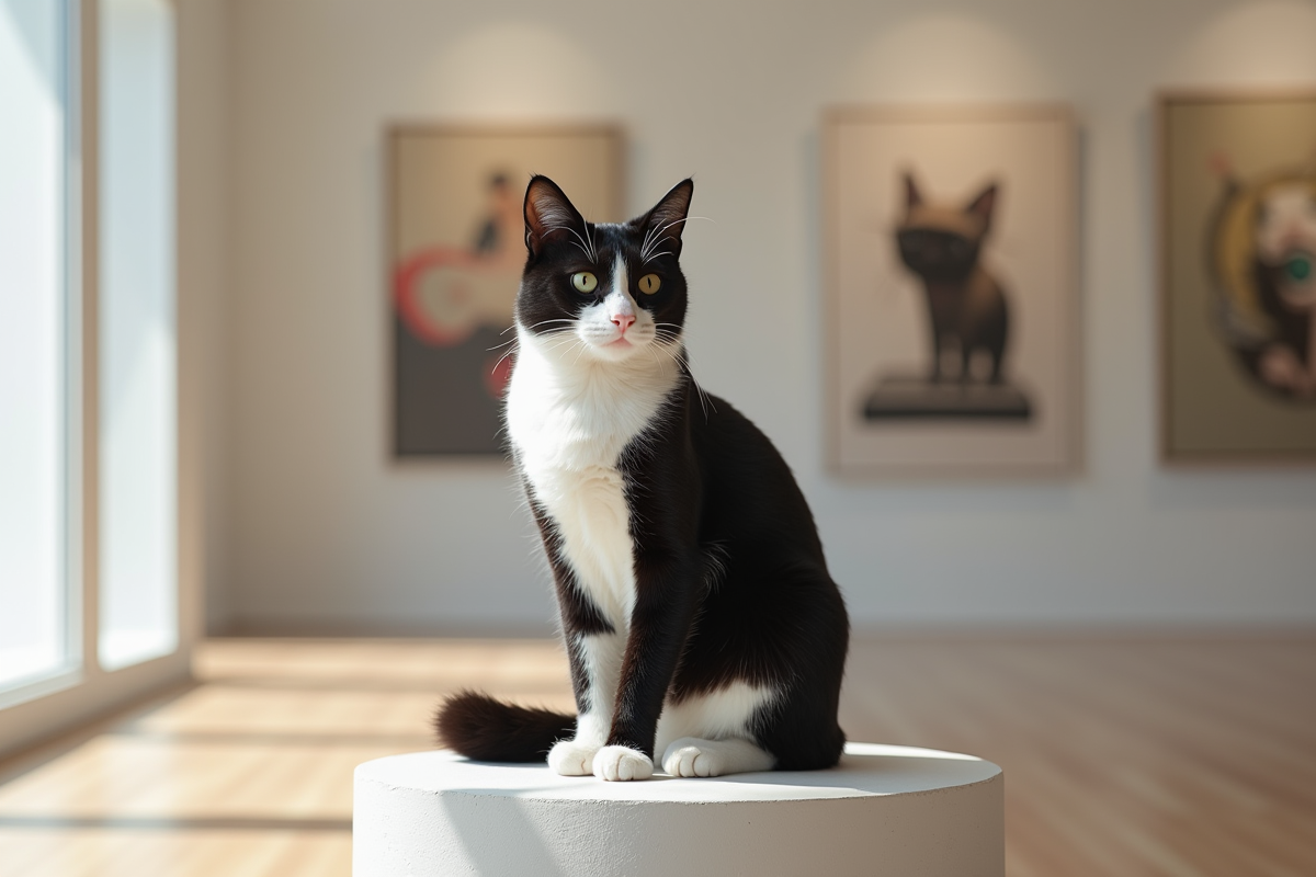 Chat noir et blanc sur socle dans une galerie d'art