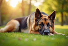 Chien German Shepherd âgé reposant dans un parc ensoleillé