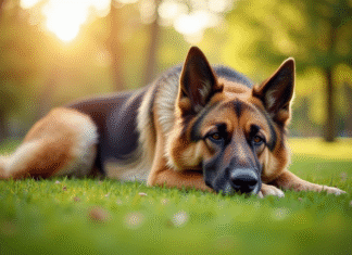 Chien German Shepherd âgé reposant dans un parc ensoleillé