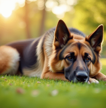 Chien German Shepherd âgé reposant dans un parc ensoleillé