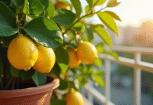 Citronnier en pot sur balcon ensoleille avec citrons mûrs