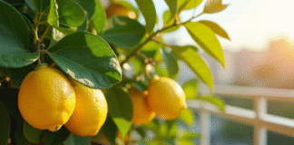 Citronnier en pot sur balcon ensoleille avec citrons mûrs