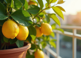Comment prendre soin de son citronnier en pot toute l’année ? Citronnier en pot sur balcon ensoleille avec citrons mûrs
