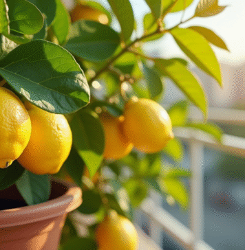 Citronnier en pot sur balcon ensoleille avec citrons mûrs