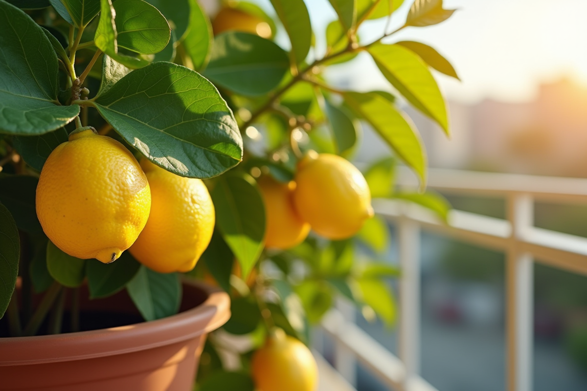 Citronnier en pot sur balcon ensoleille avec citrons mûrs