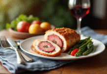 Cordon bleu tranché avec vin rouge sur une assiette blanche
