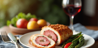 Cordon bleu tranché avec vin rouge sur une assiette blanche