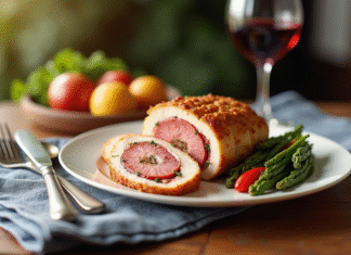Cordon bleu tranché avec vin rouge sur une assiette blanche