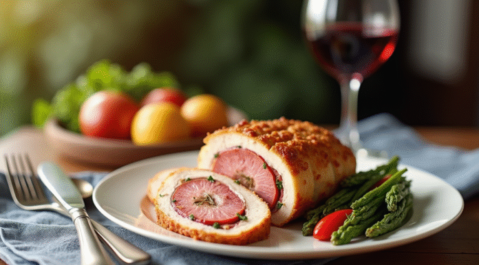 Les meilleurs vins pour sublimer un cordon bleu à table Cordon bleu tranché avec vin rouge sur une assiette blanche
