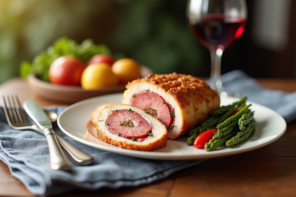 Cordon bleu tranché avec vin rouge sur une assiette blanche