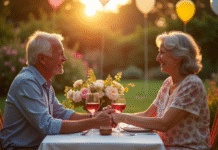 Couple mature souriant lors d'un dîner en plein air dans un jardin