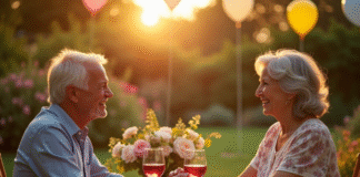 Couple mature souriant lors d'un dîner en plein air dans un jardin