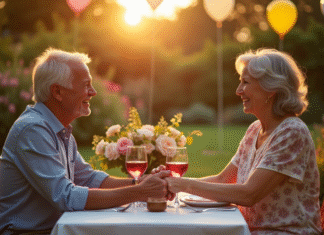 Couple mature souriant lors d'un dîner en plein air dans un jardin