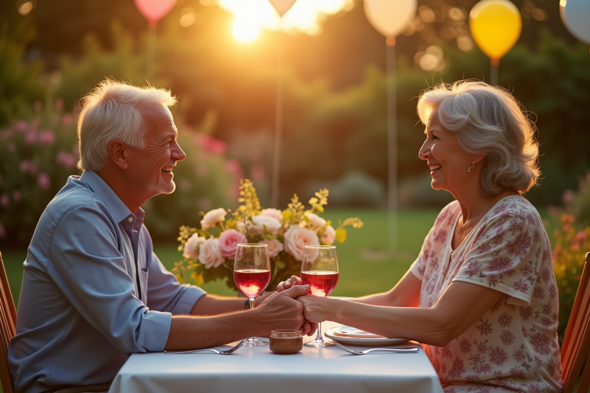 Couple mature souriant lors d'un dîner en plein air dans un jardin