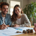 Jeune couple souriant à la table de cuisine pour gérer leurs finances