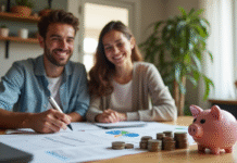 Jeune couple souriant à la table de cuisine pour gérer leurs finances