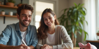 Jeune couple souriant à la table de cuisine pour gérer leurs finances