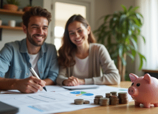 Jeune couple souriant à la table de cuisine pour gérer leurs finances