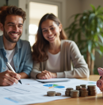 Jeune couple souriant à la table de cuisine pour gérer leurs finances