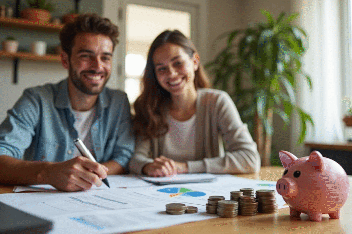 couple-finances-maison Jeune couple souriant à la table de cuisine pour gérer leurs finances
