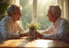 Couple mature assis à une table ensoleillée tenant main