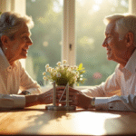 Couple mature assis à une table ensoleillée tenant main