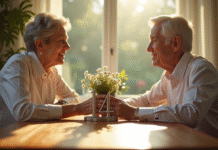Couple mature assis à une table ensoleillée tenant main